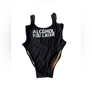 Ravesuitd Black One-Piece Swimsuit with Bold 'Alcohol You Later' Slogan